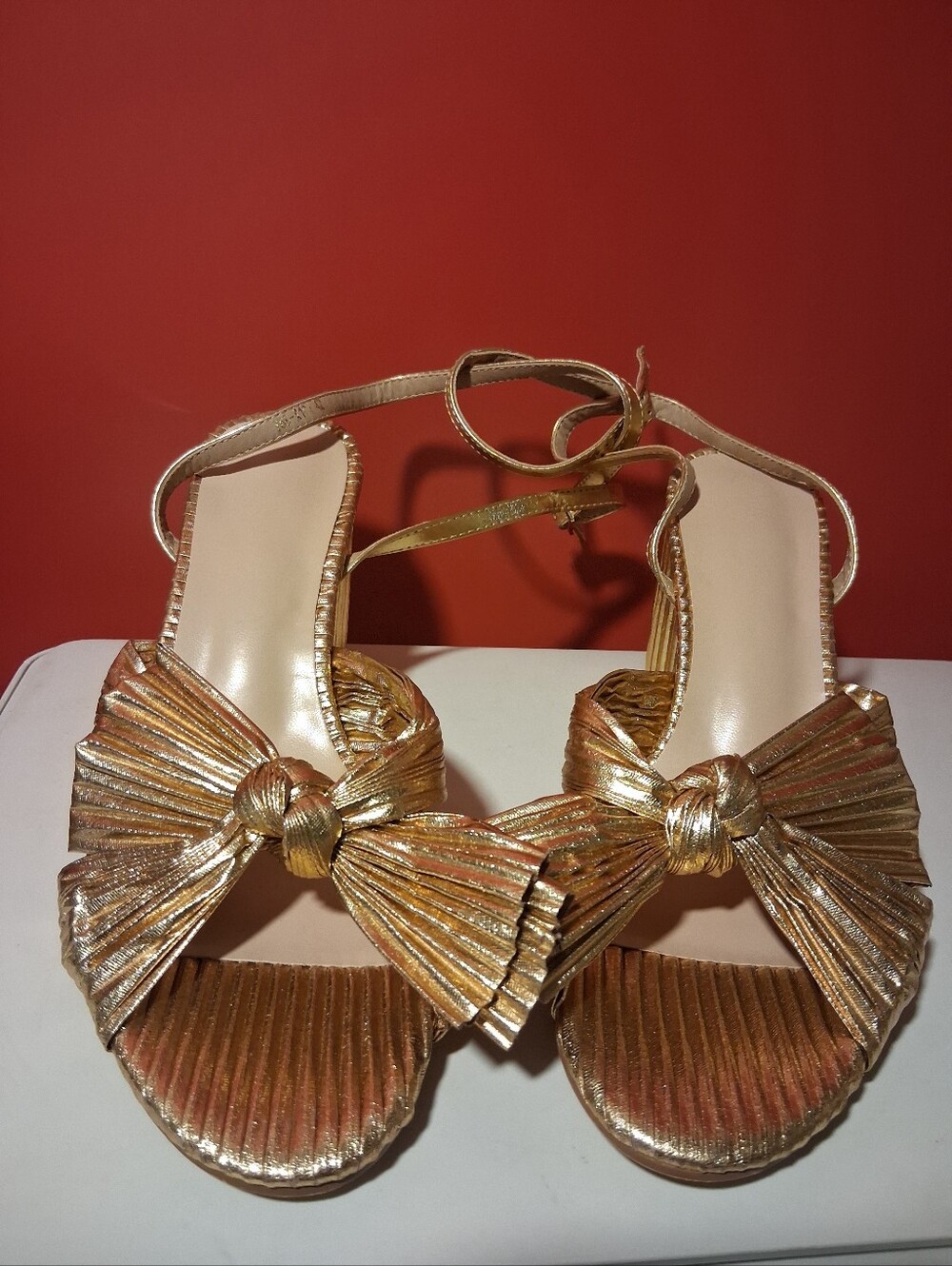 Gold Bow Front Sandals with Ankle Tie